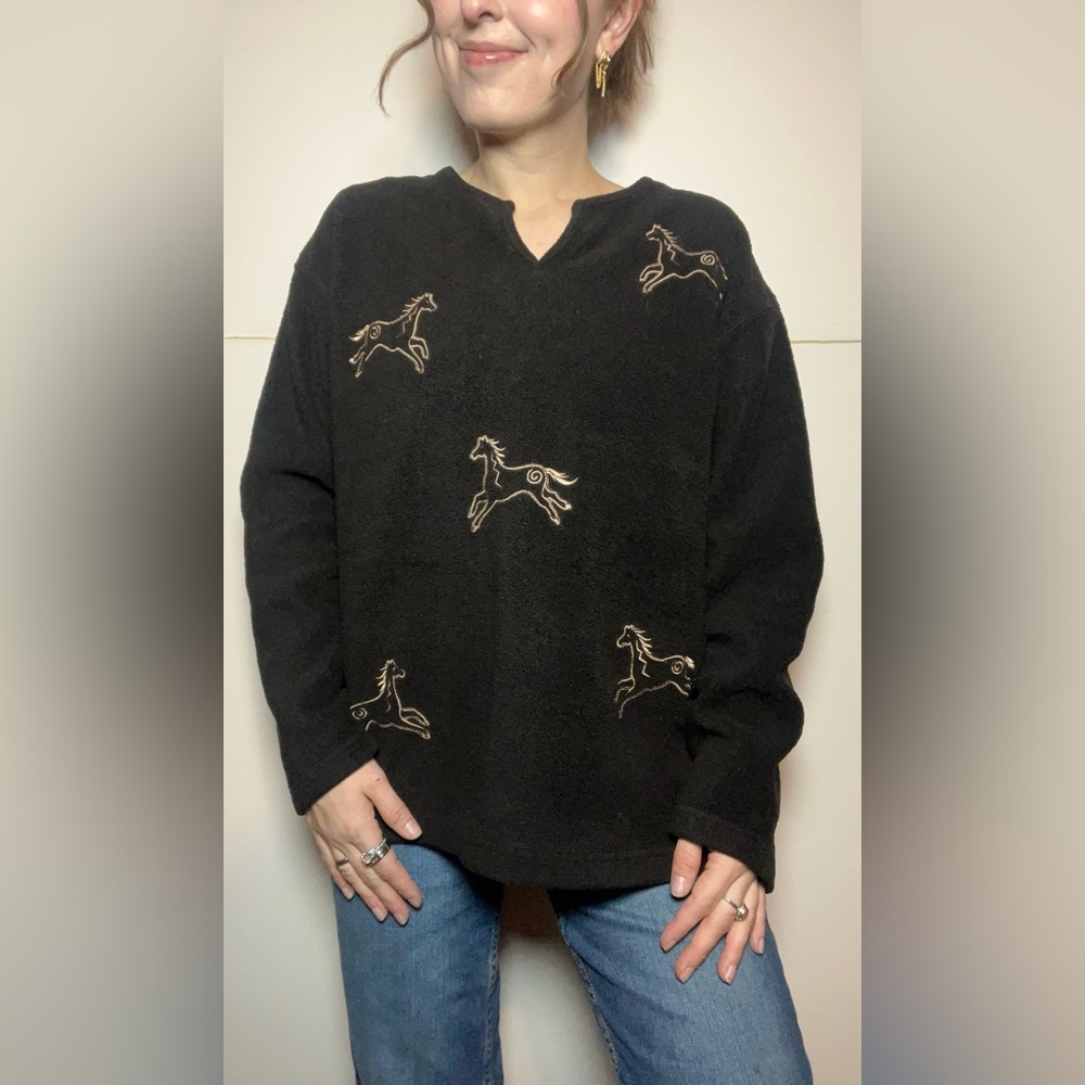 Vintage Arctic Image Horse Embroidered Fleece Pullover Cozy Western